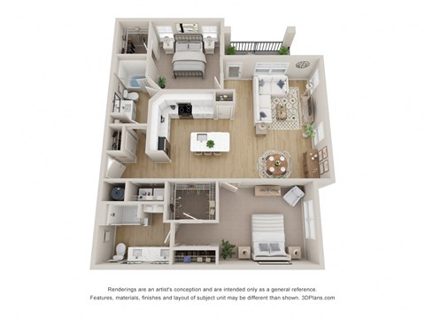 Floor plan for 2 beds, 2 baths, 1353 sqft